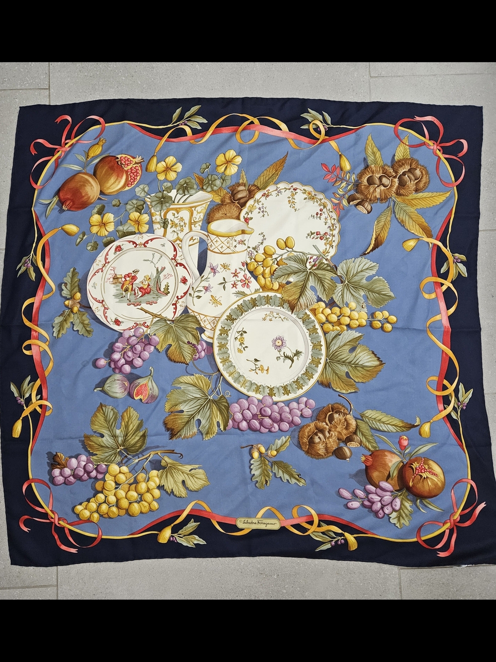Salvatore Ferragamo Blue and Navy Silk Fruit-Print Scarf